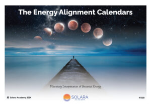 The Energy Alignment Calendars cover showing a pathway leading into a starry night sky with moon phases overhead, representing planetary interpretation of universal energy by Solara Academy.”