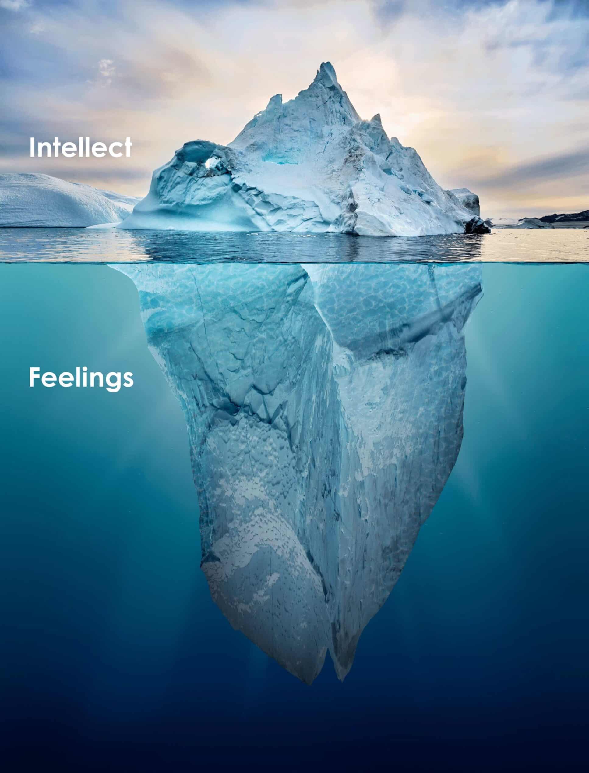 Iceberg illustration showing a small portion above water representing the intellect, while the much larger part below the surface symbolises the deeper wisdom of our feelings, leadership mastery, and potential of the soul.